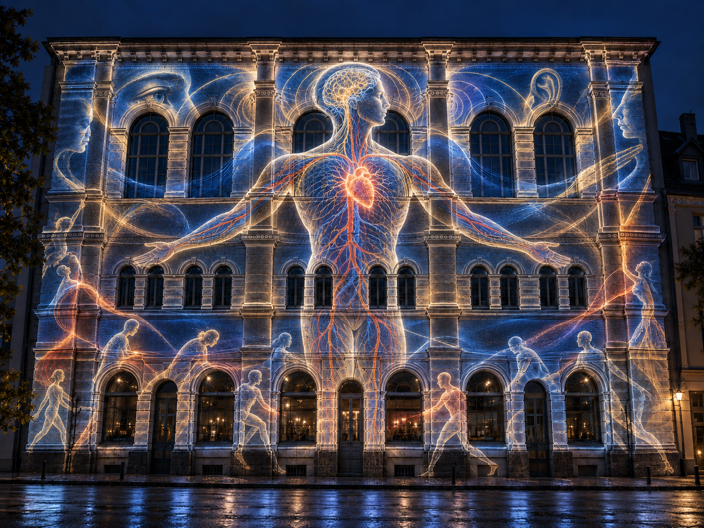 Bildprobe Mensch: anatomische und figurative Lichtzeichnung auf der Fassade
